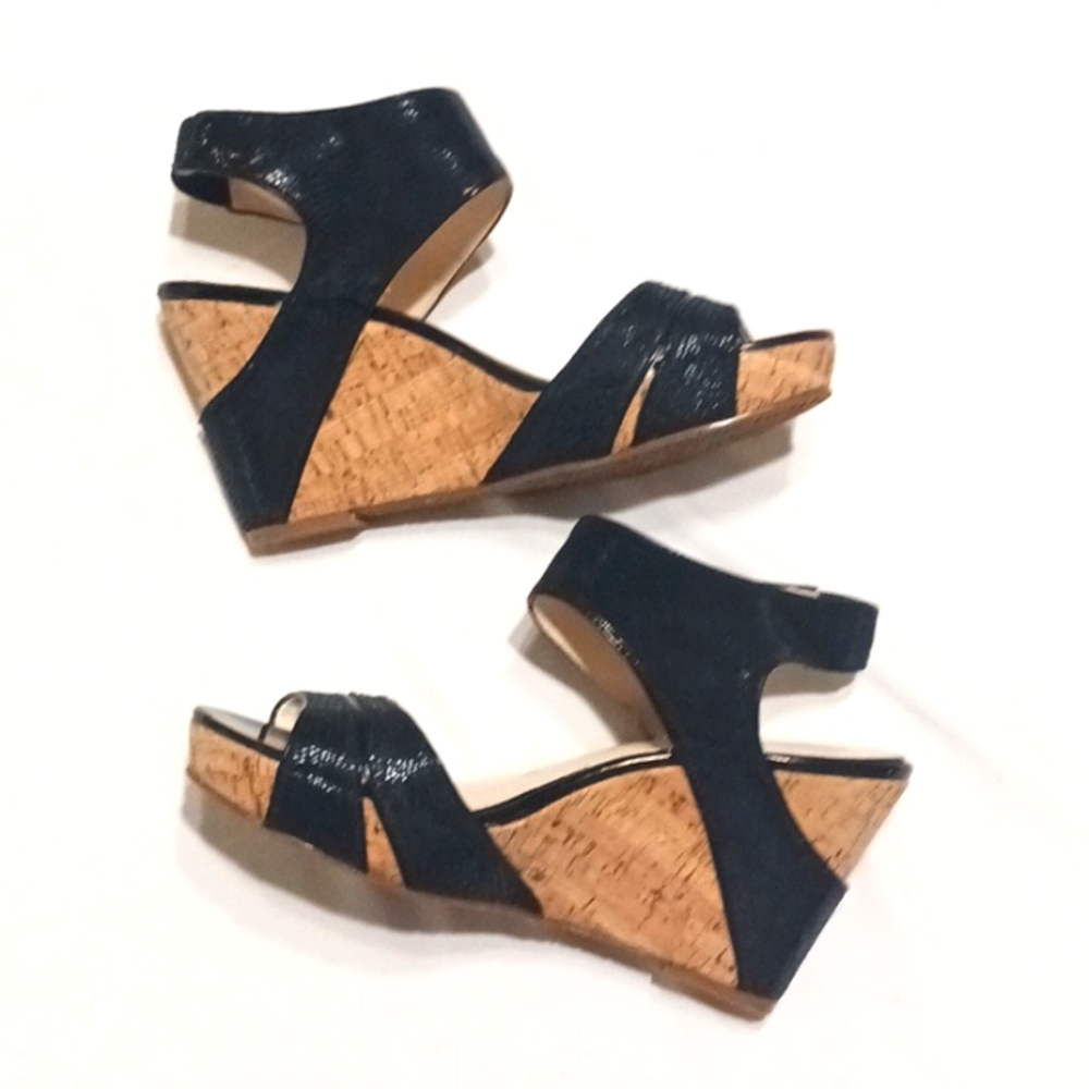 Calvin Klein Jennifer Black Patent Leather Texture Cork Wedge